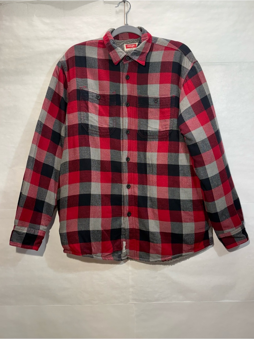 Wrangler Men’s Medium Sherpa Lined Flannel Shirt Jacket Plaid Red Black Gray GUC